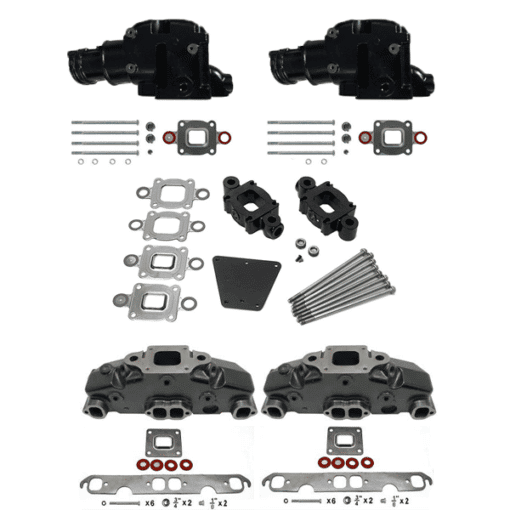 Kit Complet Collecteurs 85735 + Coudes 84309 + Rehausses 65995 Mercruiser 5.0L, 5.7L, 6.2L V8 2002 et + - (Joint sec / dry)