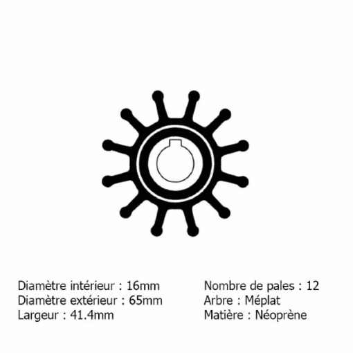 CEF500120T - Kit turbine pompe eau de mer - Ø 65mm / 12 Pales / Axe Ø 16mm / Epaisseur 41 mm - Jabsco 18948-0001 / Volvo Penta 835874 / OMC 0981939